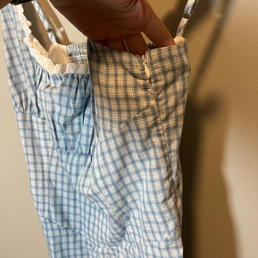 PacSun Your Favorite Blue Gingham Lace Trim Mini Dress Milkmaid Cottagecore S - Picture 8 of 12